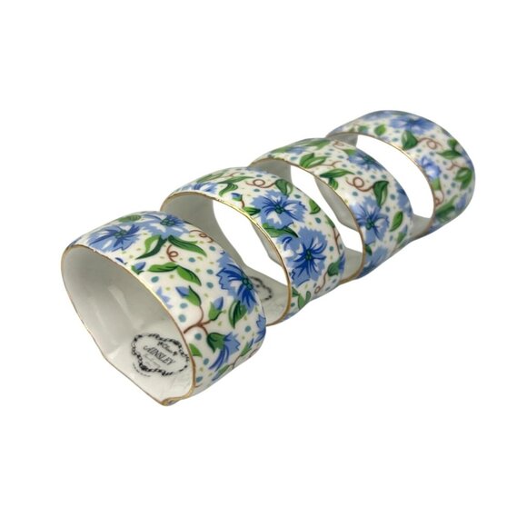Two's Company Ainsley Chintz Blue Floral Ceramic Porcelain Napkin Rings Set of 4 - Picture 1 of 14